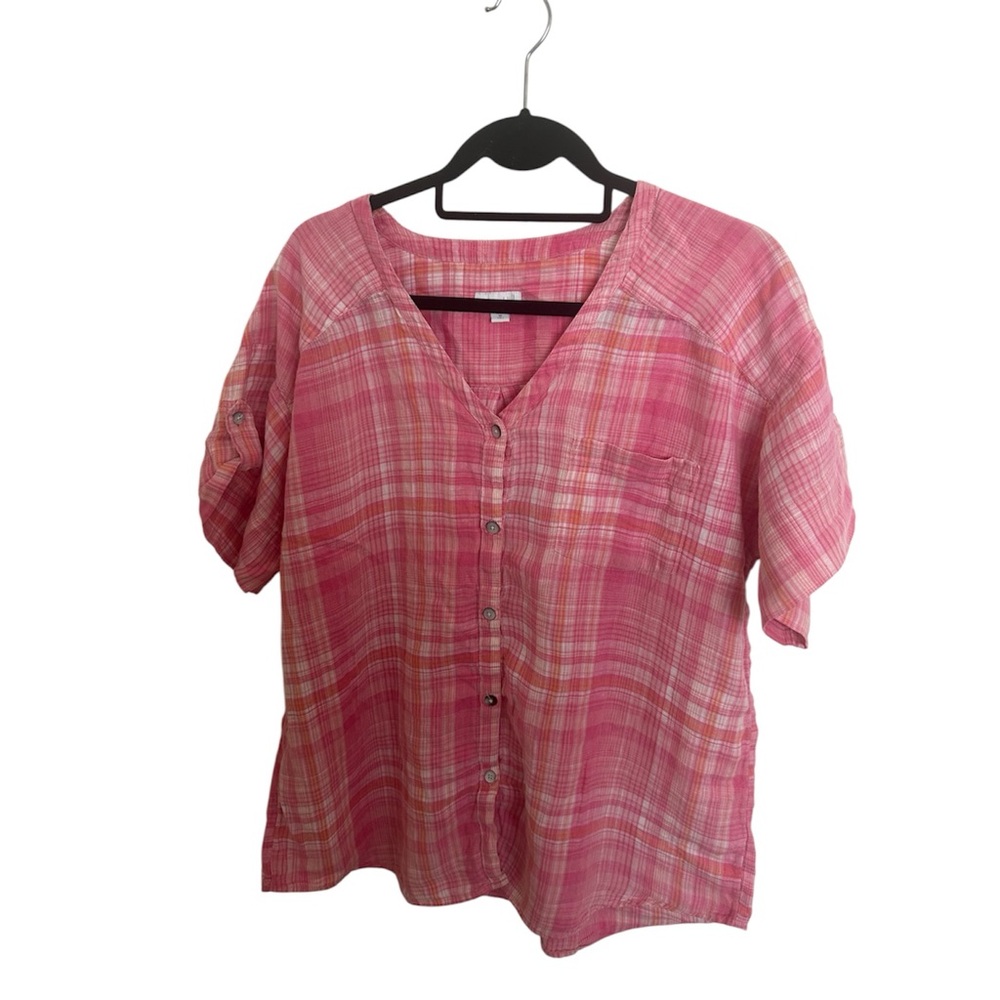 J. Jill Pink and White Short Sleeve Button Down Shirt